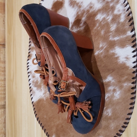 Anthropologie Miss Albright Navy Blue Suede Lace Up Heels Size 6 - Picture 3 of 7